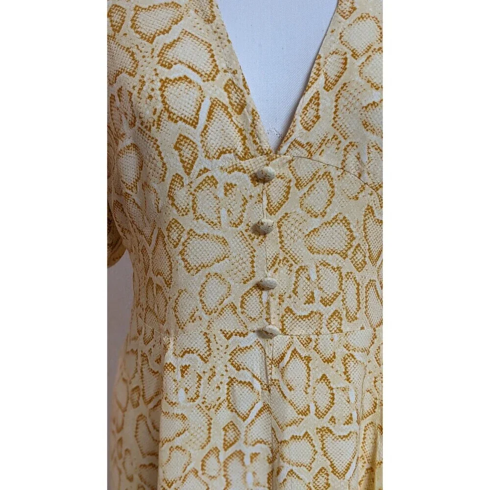 Faithfull The Brand Yellow Snakeskin 100% Rayon Tie Back Prarie Style Dress 4 - Picture 5 of 14